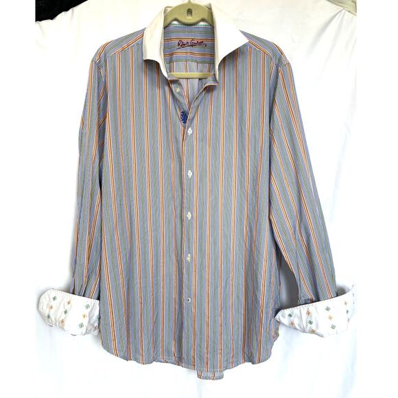 Robert Graham Multicolor Orange Blue Striped Button Up Shirt, Large - Picture 1 of 8